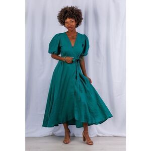 Sea Lustre Diana Wrap Dress Green Linen Summer Resort Boho Vacation Size S/M NWT